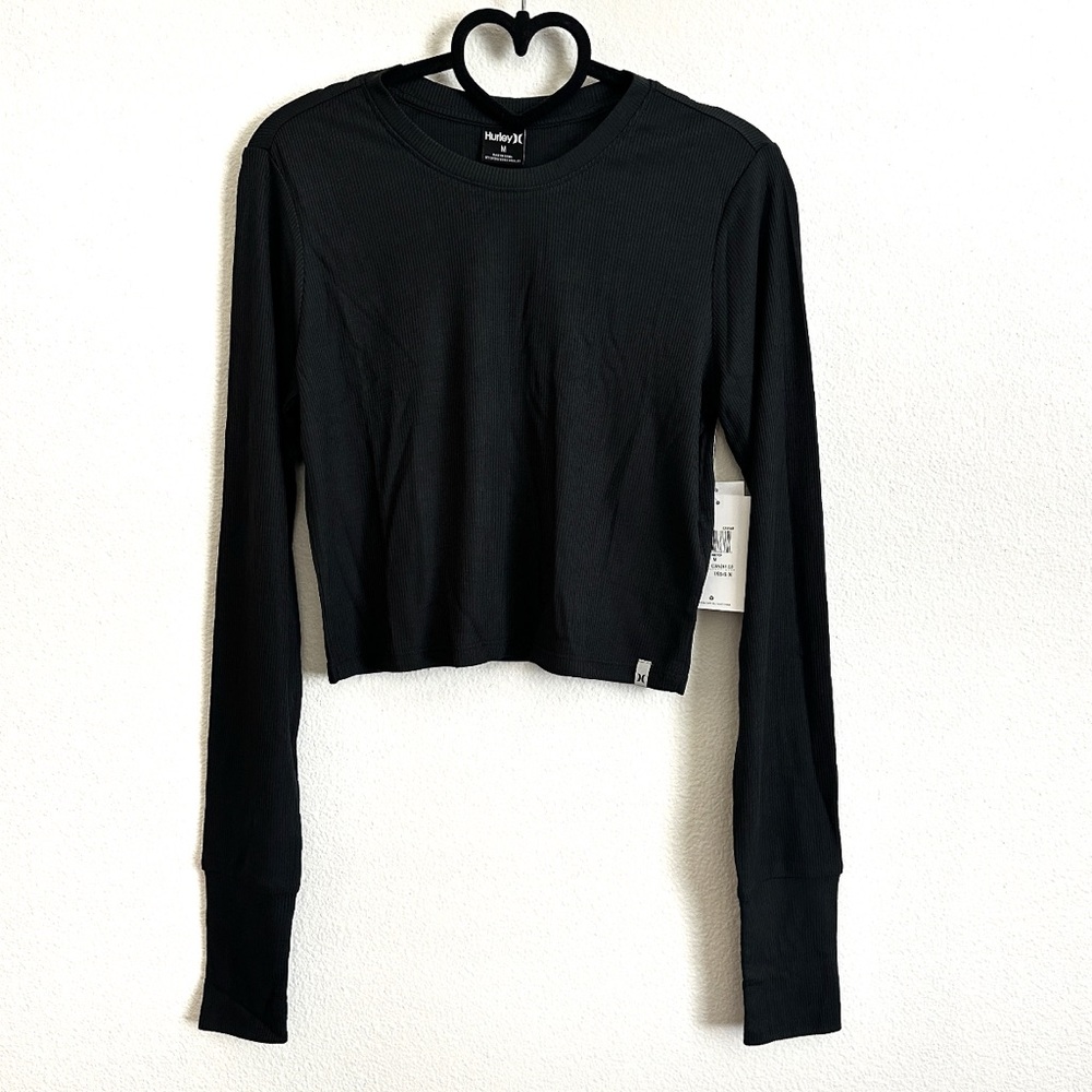 Hurley Black Cropped Ribbed Long Sleeve Top Size M
